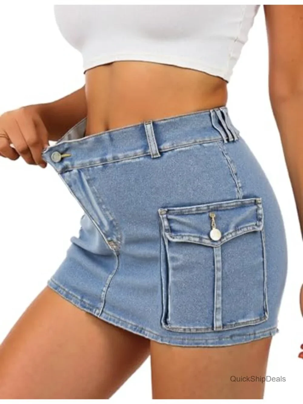 Y2K Denim Cargo Skirt Mini Low Waist Bodycon Flap Pockets 95% Cotton 5% Spandex
